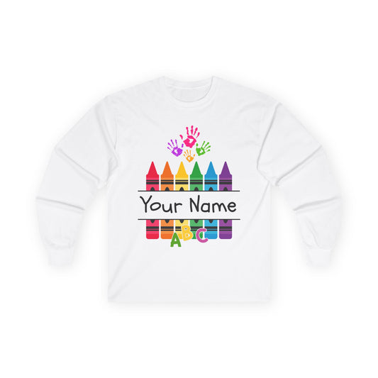 Personalized Crayon Art Long Sleeve Tee - Custom Name School Shirt