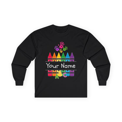 Personalized Crayon Art Long Sleeve Tee - Custom Name School Shirt