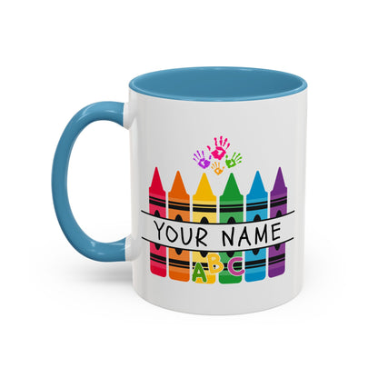 Personalized Teacher Mug — Rainbow Crayon Classroom Coffee Cup (Custom Name)
