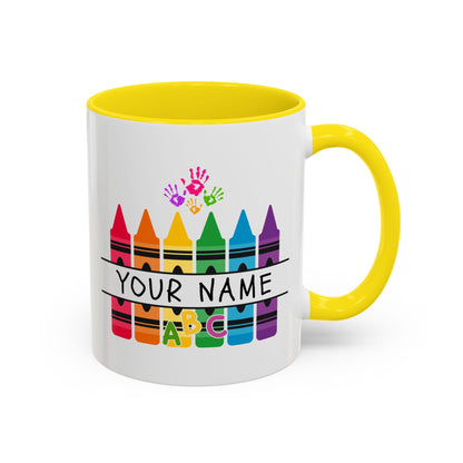 Personalized Teacher Mug — Rainbow Crayon Classroom Coffee Cup (Custom Name)