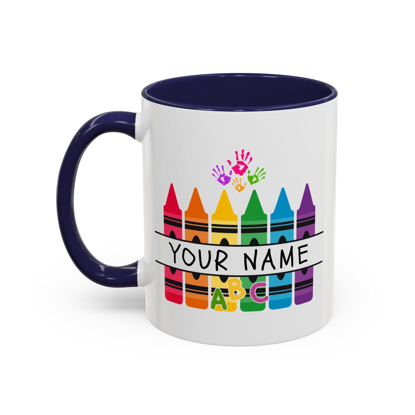 Personalized Teacher Mug — Rainbow Crayon Classroom Coffee Cup (Custom Name)