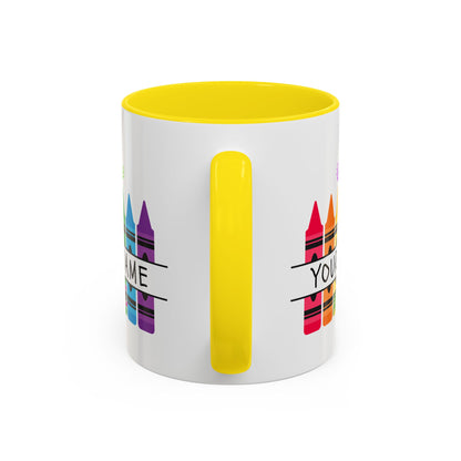 Personalized Teacher Mug — Rainbow Crayon Classroom Coffee Cup (Custom Name)