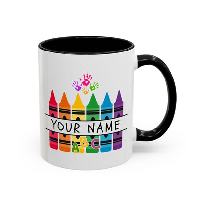Personalized Teacher Mug — Rainbow Crayon Classroom Coffee Cup (Custom Name)