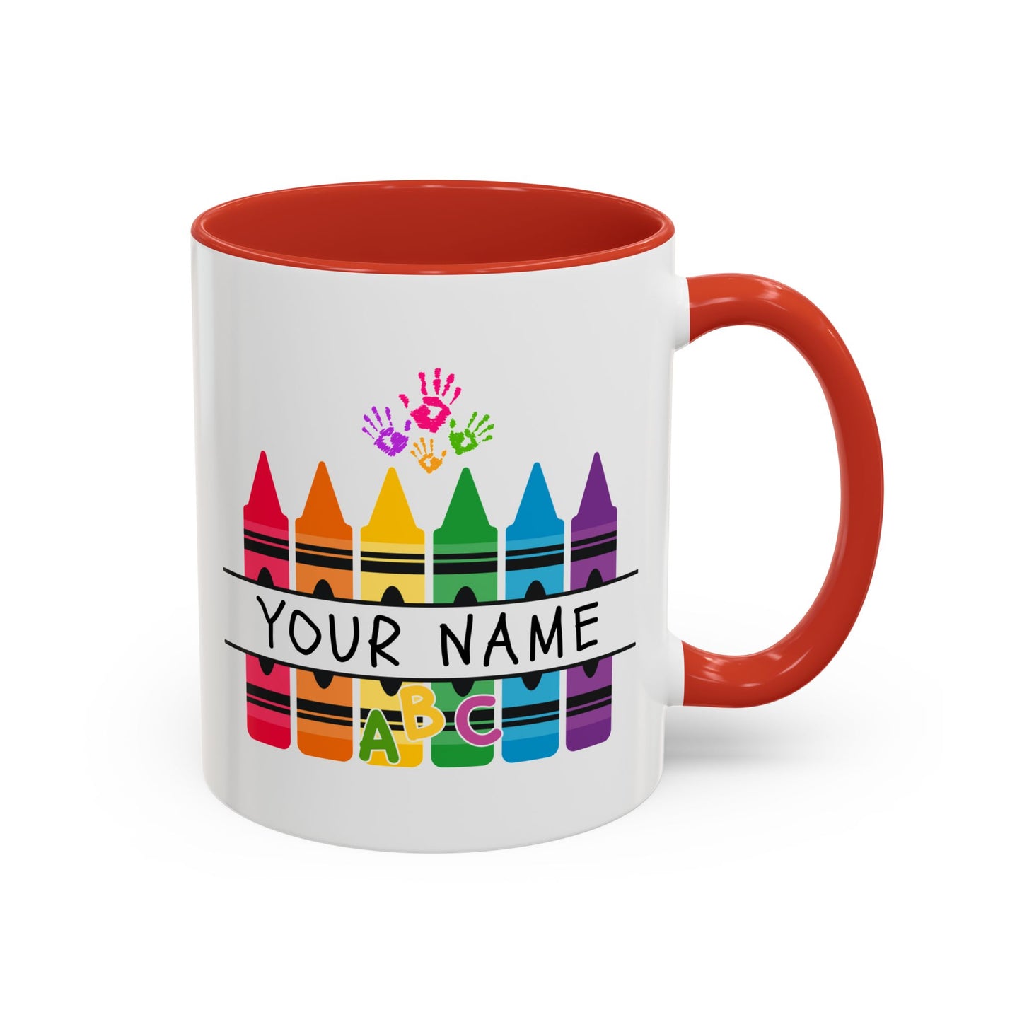 Personalized Teacher Mug — Rainbow Crayon Classroom Coffee Cup (Custom Name)