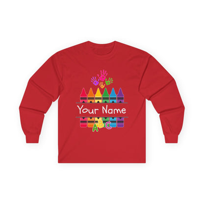 Personalized Crayon Art Long Sleeve Tee - Custom Name School Shirt