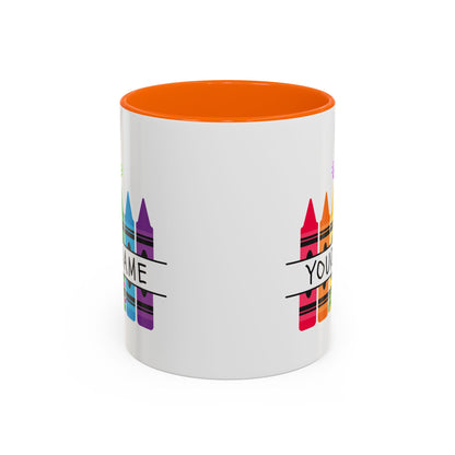 Personalized Teacher Mug — Rainbow Crayon Classroom Coffee Cup (Custom Name)