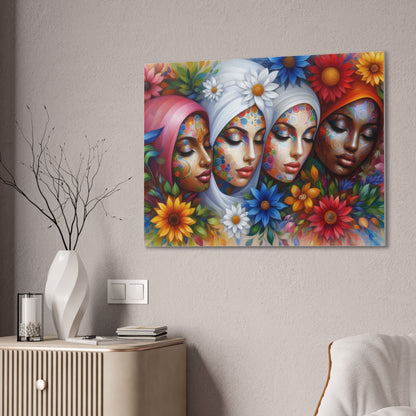 Colorful Floral Canvas Wall Art - Diverse Women Faces Design
