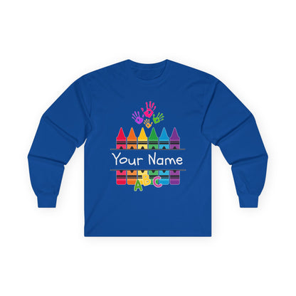 Personalized Crayon Art Long Sleeve Tee - Custom Name School Shirt
