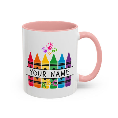 Personalized Teacher Mug — Rainbow Crayon Classroom Coffee Cup (Custom Name)