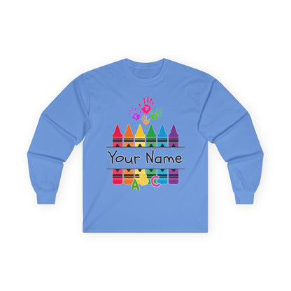 Personalized Crayon Art Long Sleeve Tee - Custom Name School Shirt