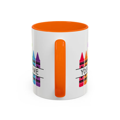 Personalized Teacher Mug — Rainbow Crayon Classroom Coffee Cup (Custom Name)