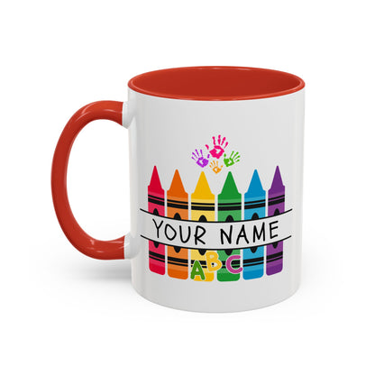 Personalized Teacher Mug — Rainbow Crayon Classroom Coffee Cup (Custom Name)