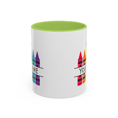 Personalized Teacher Mug — Rainbow Crayon Classroom Coffee Cup (Custom Name)