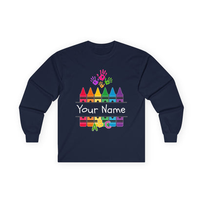 Personalized Crayon Art Long Sleeve Tee - Custom Name School Shirt