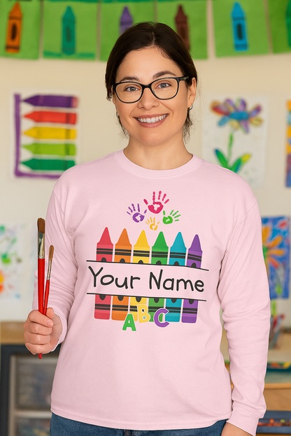 Personalized Crayon Art Long Sleeve Tee - Custom Name School Shirt