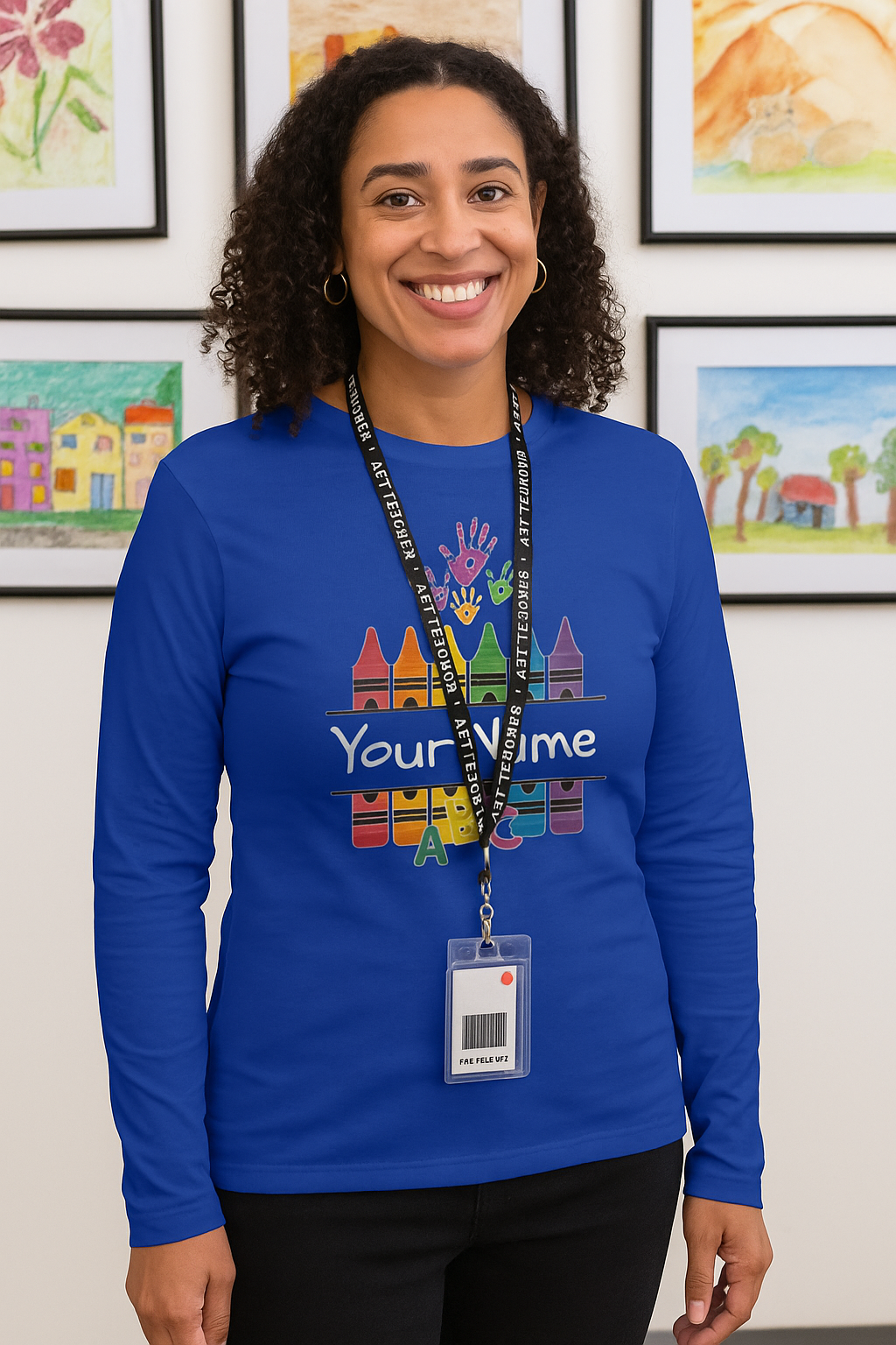 Personalized Crayon Art Long Sleeve Tee - Custom Name School Shirt