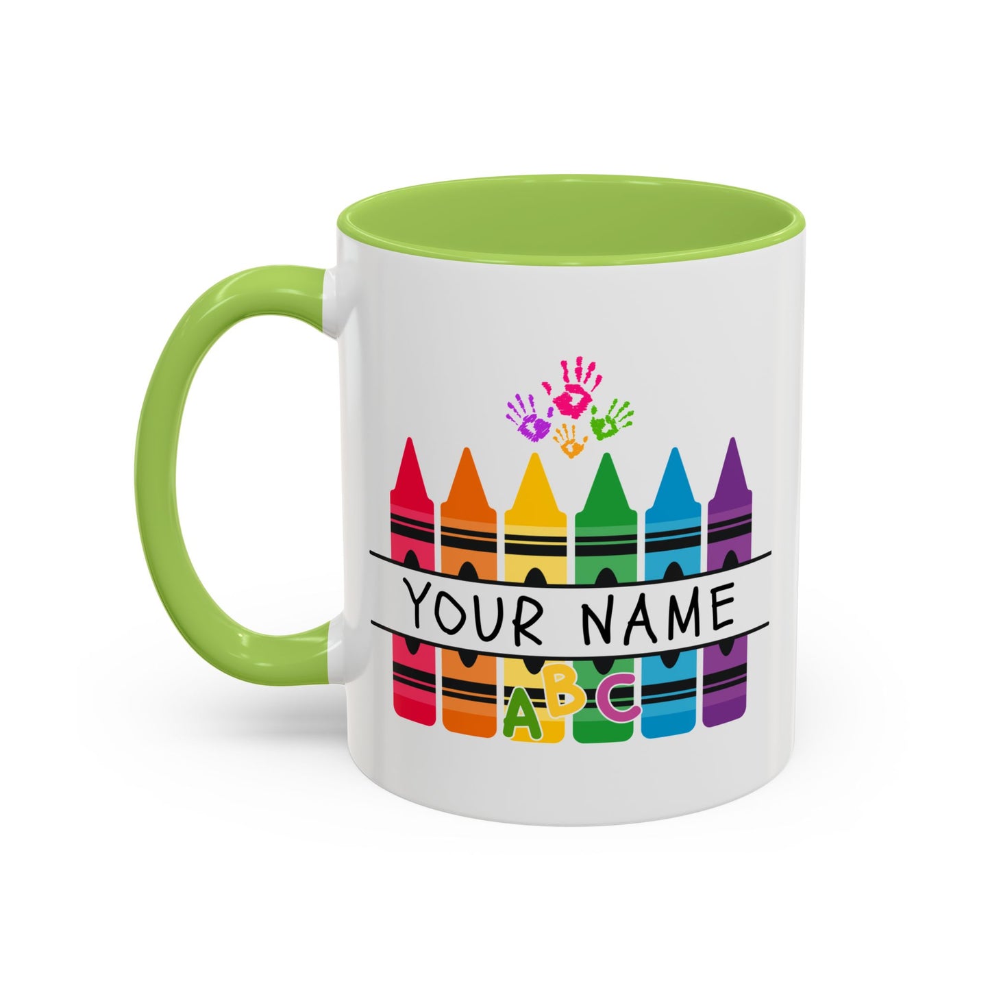 Personalized Teacher Mug — Rainbow Crayon Classroom Coffee Cup (Custom Name)