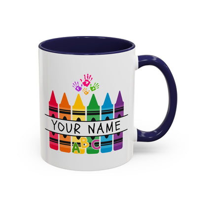 Personalized Teacher Mug — Rainbow Crayon Classroom Coffee Cup (Custom Name)