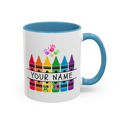 Personalized Teacher Mug — Rainbow Crayon Classroom Coffee Cup (Custom Name)