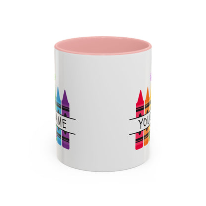 Personalized Teacher Mug — Rainbow Crayon Classroom Coffee Cup (Custom Name)