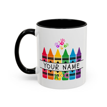 Personalized Teacher Mug — Rainbow Crayon Classroom Coffee Cup (Custom Name)
