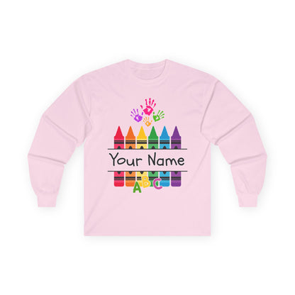 Personalized Crayon Art Long Sleeve Tee - Custom Name School Shirt