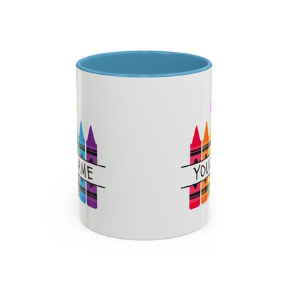 Personalized Teacher Mug — Rainbow Crayon Classroom Coffee Cup (Custom Name)