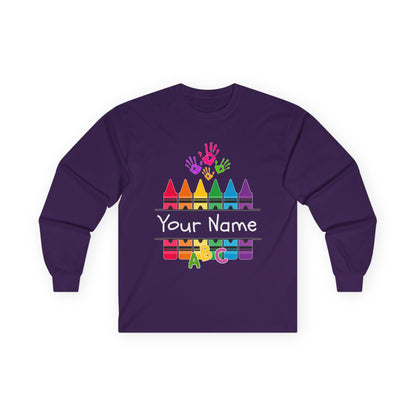 Personalized Crayon Art Long Sleeve Tee - Custom Name School Shirt