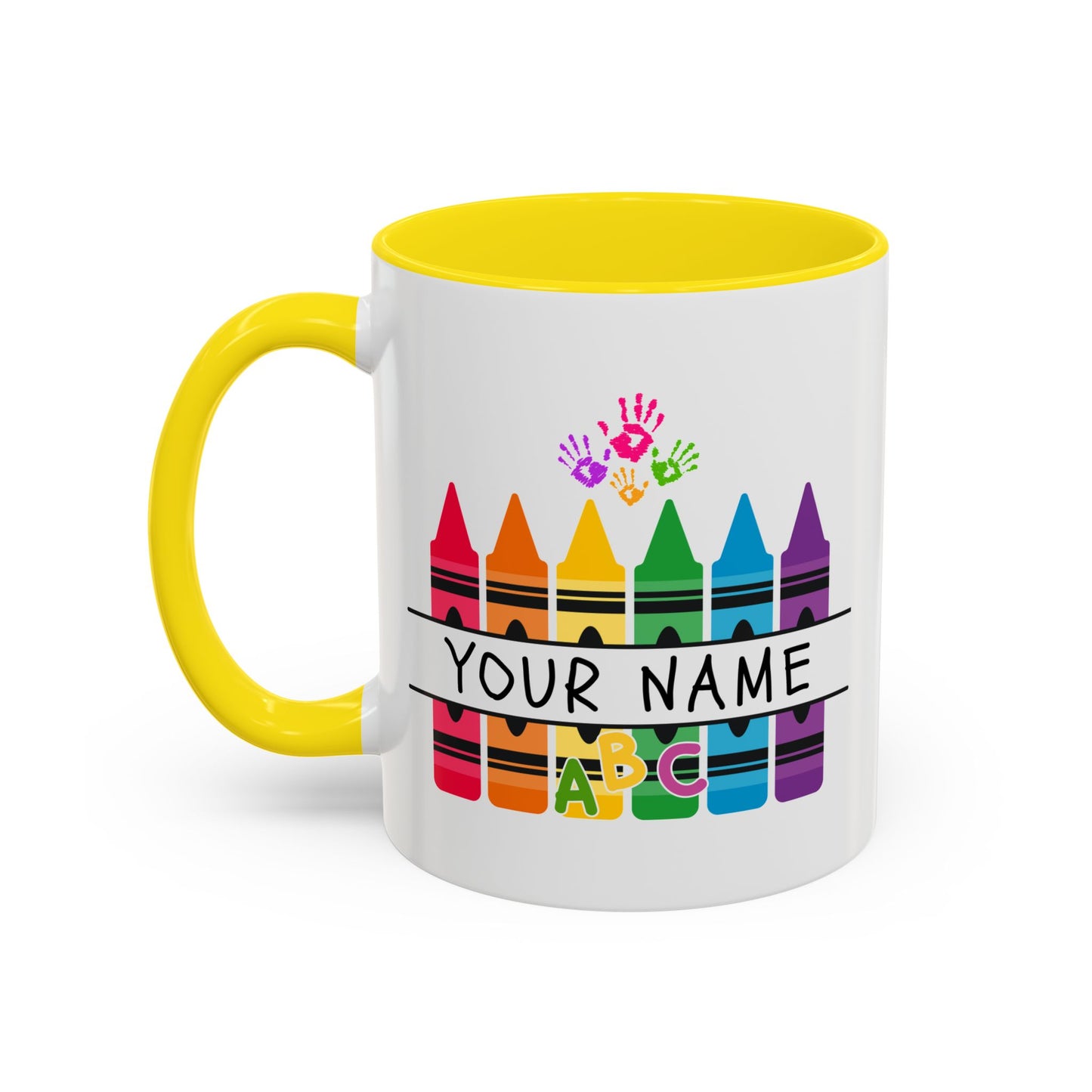 Personalized Teacher Mug — Rainbow Crayon Classroom Coffee Cup (Custom Name)