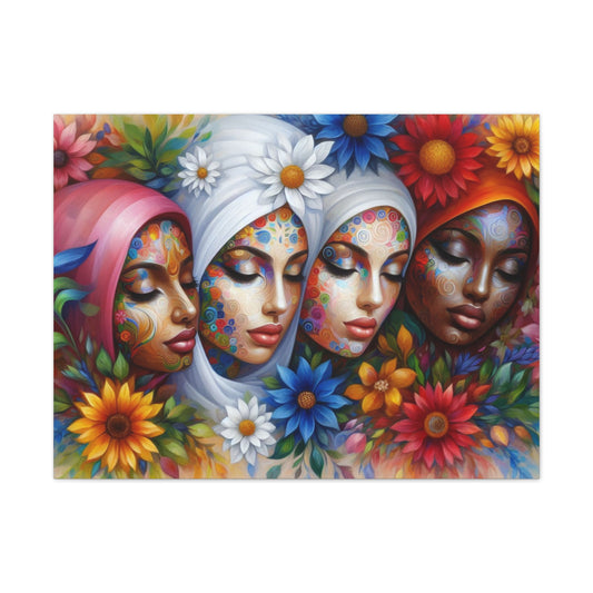 Colorful Floral Canvas Wall Art - Diverse Women Faces Design