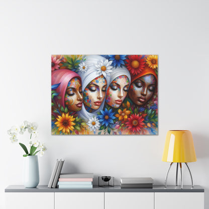 Colorful Floral Canvas Wall Art - Diverse Women Faces Design