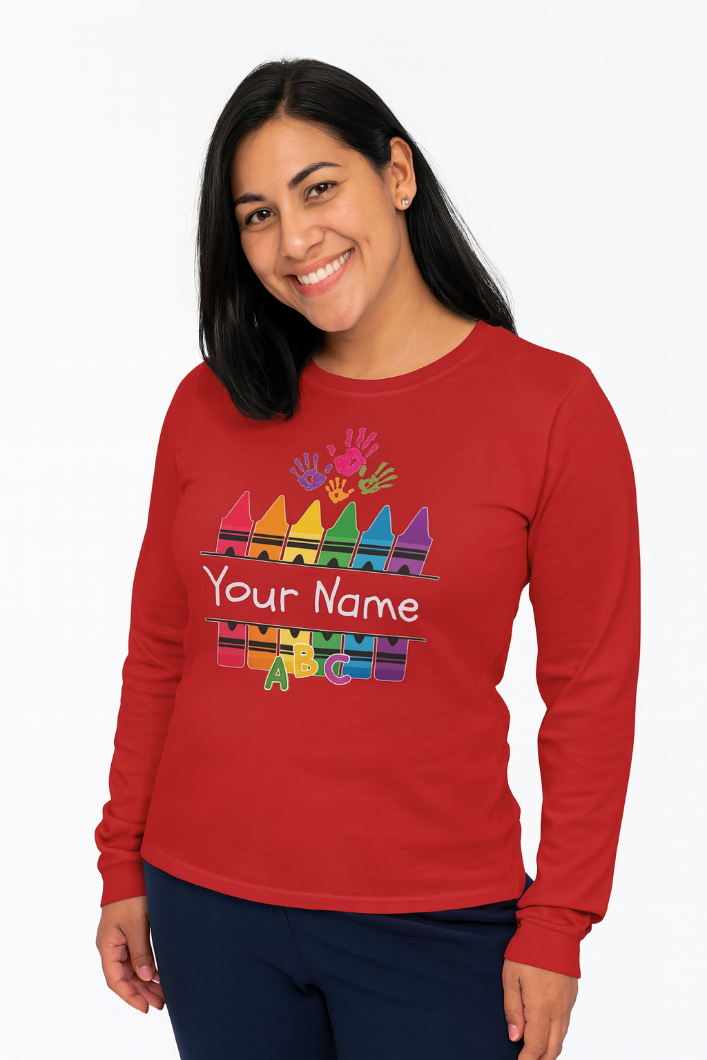 Personalized Crayon Art Long Sleeve Tee - Custom Name School Shirt