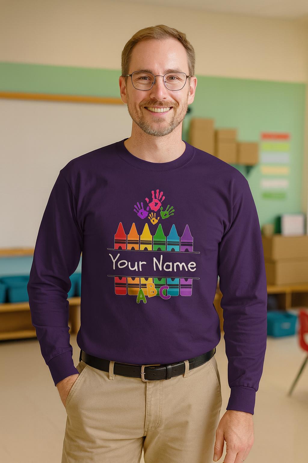 Personalized Crayon Art Long Sleeve Tee - Custom Name School Shirt