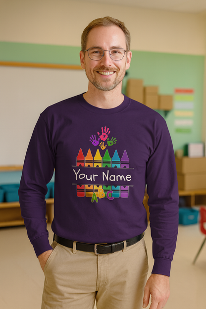 Personalized Crayon Art Long Sleeve Tee - Custom Name School Shirt