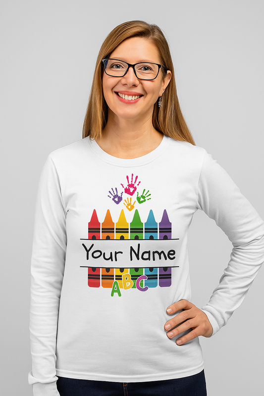 Personalized Crayon Art Long Sleeve Tee - Custom Name School Shirt